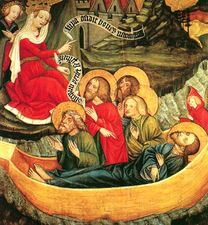Koningin Lupa en de discipelen met Sint Jacob in de boot