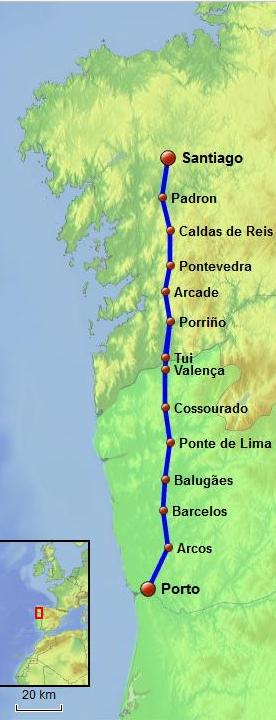 Kaart Centrale route Camino Portugués