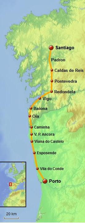 Kaart Kustroute Camino Portugués